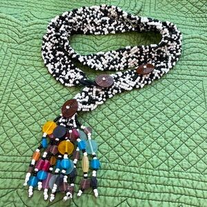 Boho Hand Beaded / Braided Belt, Enameled Button Closures(s), Colorful Fringe